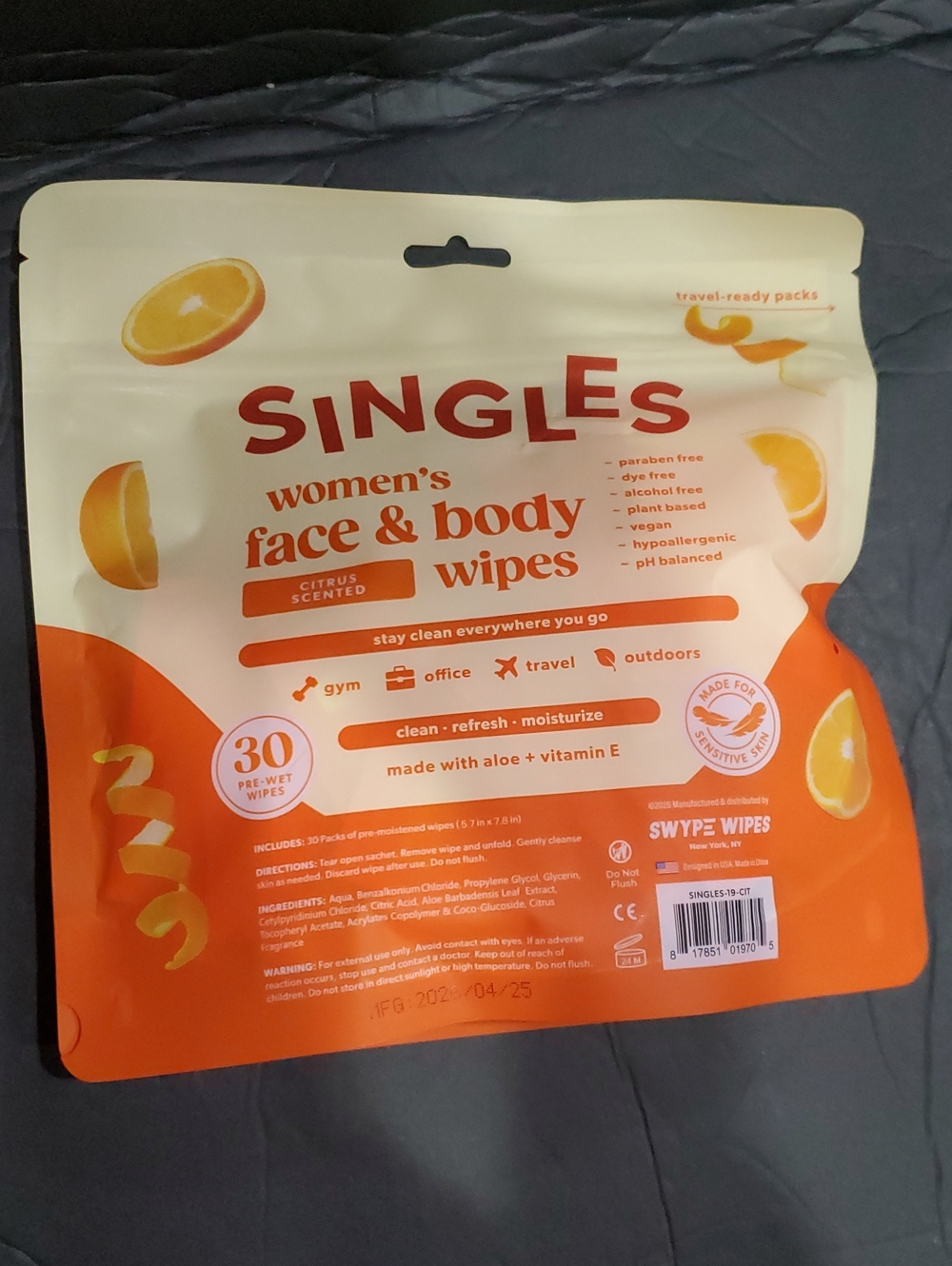 30 piece Citrus scented face and body hypoallergenic pre-wet wipes brand new